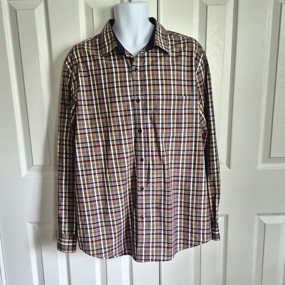 Tasso Elba 100% Cotton Gray‎ Red Yellow White Plaid Long Sleeve Dress Shirt XL